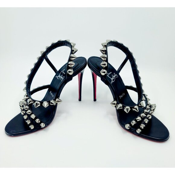 Christian Louboutin Heels "Spikita Strap 100" Black Leather Silver Spike Size 38 - Picture 5 of 8